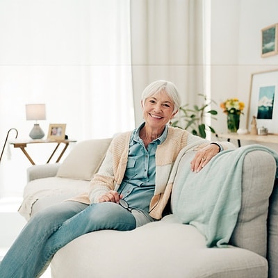 Seniors Woman On Couch Smiling